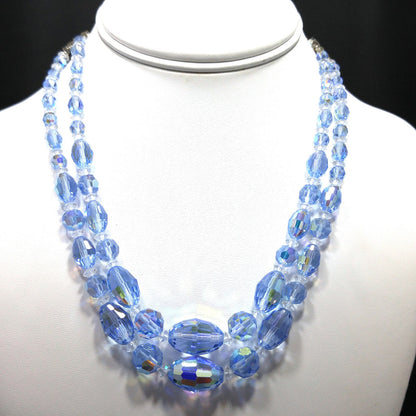 Mid Century Light Blue Oval Crystal Bead Necklace, Two Strands Graduated Sizes, 1950s Vintage Jewelry
