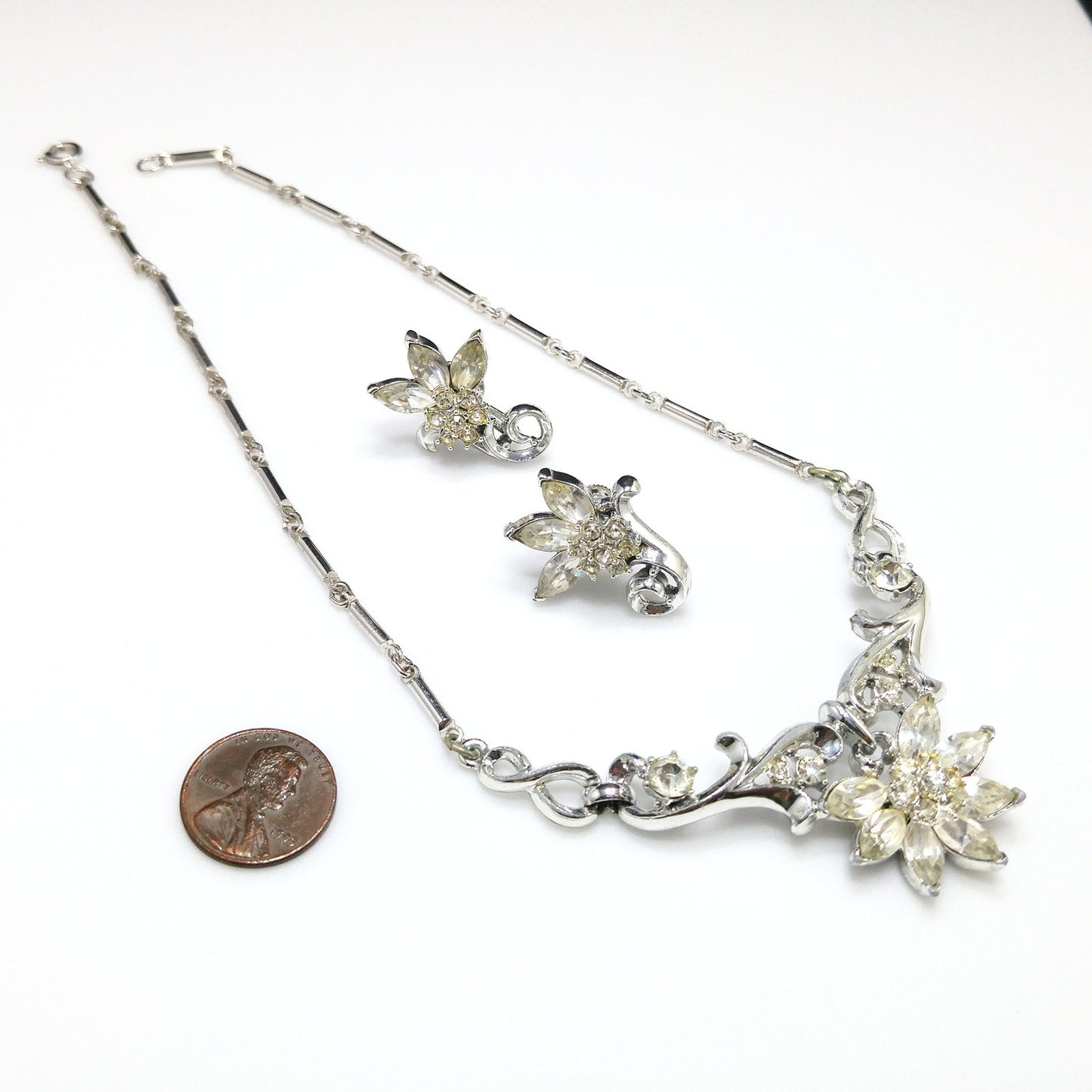 Coro Clear Rhinestone Rhodium Plated Necklace & Earrings, Wedding Jewelry Set, 1950s Vintage Jewelry
