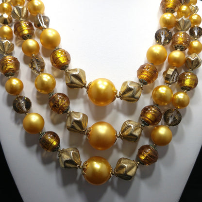 Vintage 1950s Gold Glass Bead Necklace, 3 Strand Mid-Century Statement Jewelry