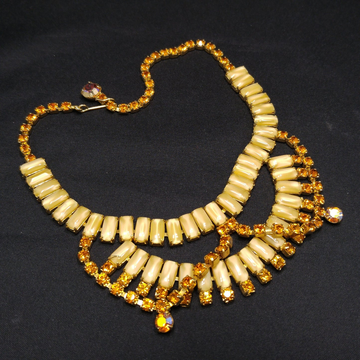 Vintage Weiss Festoon Topaz Rhinestone Necklace, Book Piece, Art Glass & Rhinestones