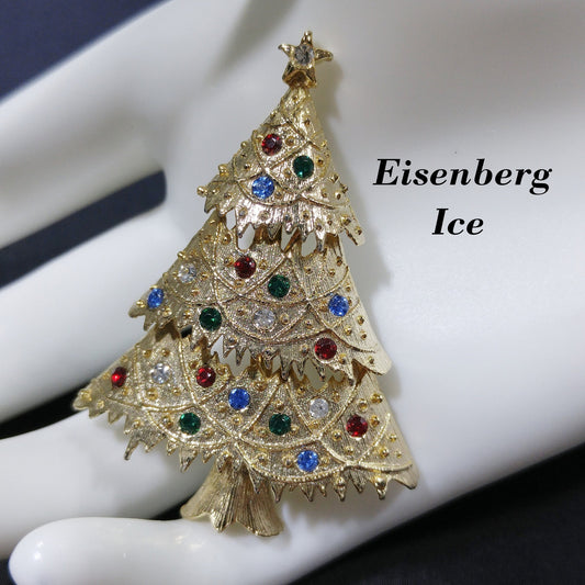 Eisenberg Ice Christmas Tree Brooch, Multicolored Rhinestones, 1990s Vintage Jewelry