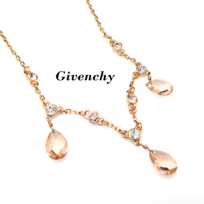 Givenchy Rose Gold Crystal Necklace – Three Drop Clear Rhinestones – Vintage Jewelry