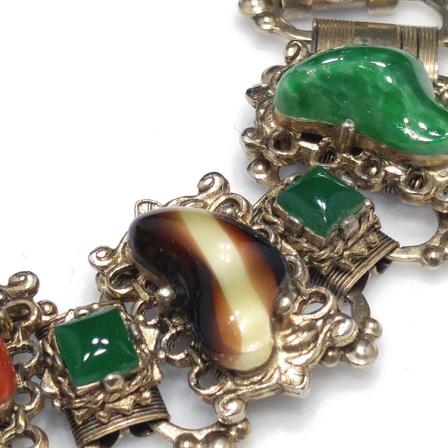 Vintage Book Chain Glass Links Bracelet, Green Red Brown White Glass, 1950s Vintage Jewelry