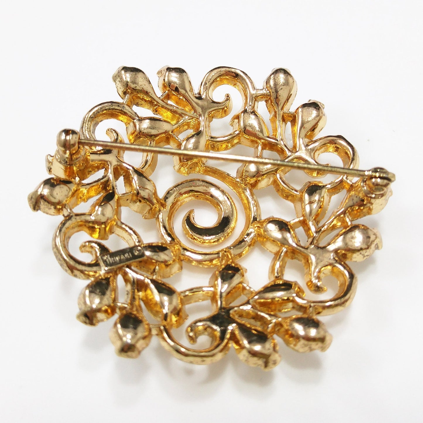 Crown Trifari Floral Brooch, Gold Plated, Clear Rhinestones, 1960s Vintage