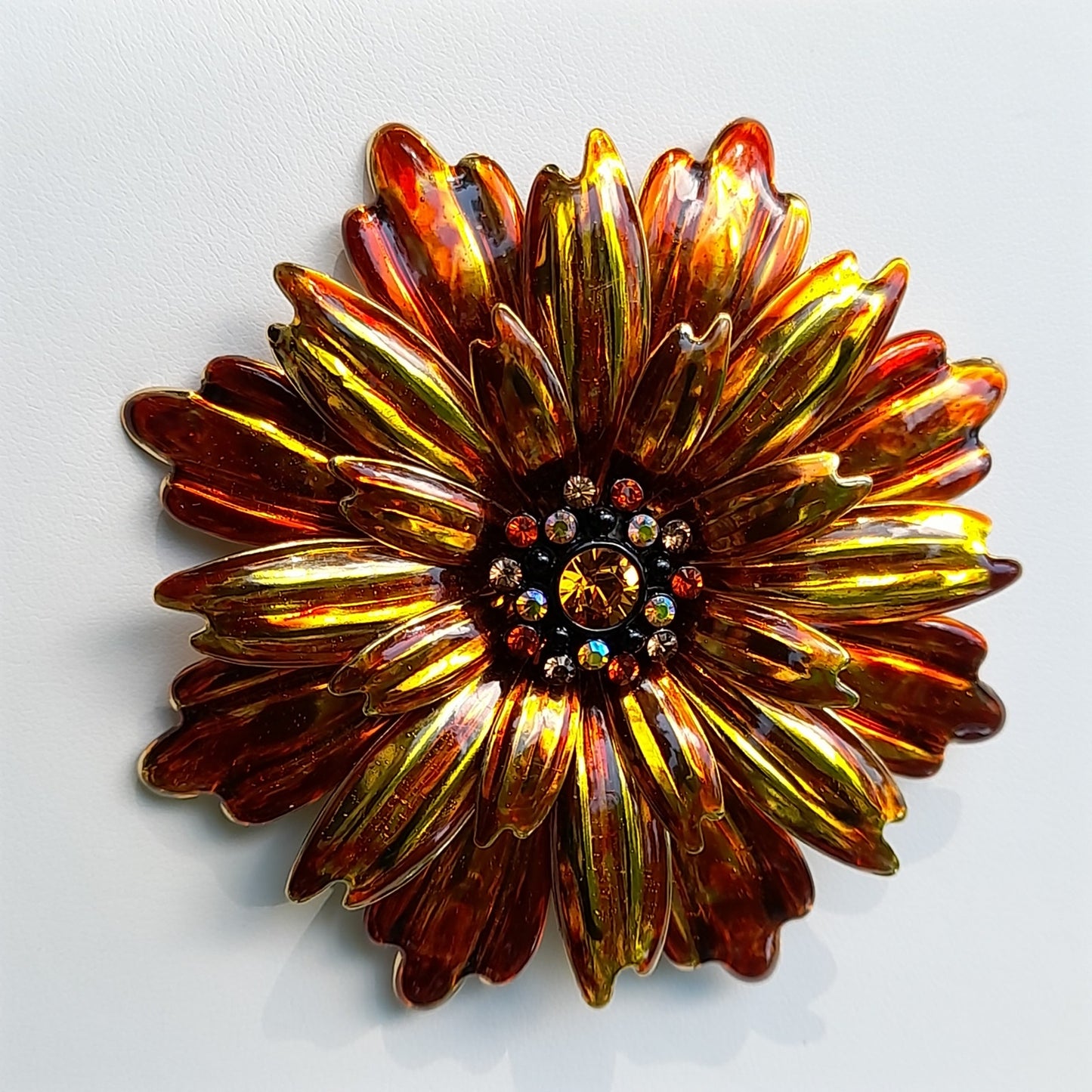 Joan Rivers Orange Gold Plated Floral Brooch, Rhinestone Center, 1990s