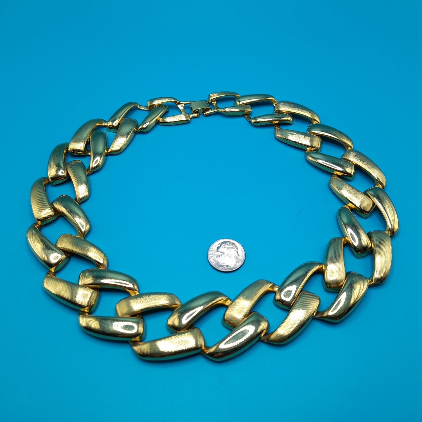 Vintage Chain Choker Necklace, Interlocking Gold Tone, 1980s