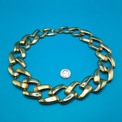 Vintage Chain Choker Necklace, Interlocking Gold Tone, 1980s
