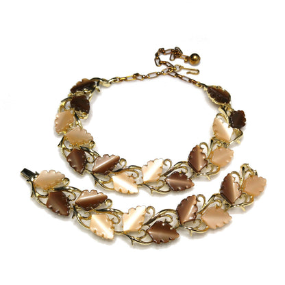 Mid-Century Beige Brown Moonglow Leaves Necklace Bracelet Set, Lucite Jewelry, 1950s Vintage Jewelry