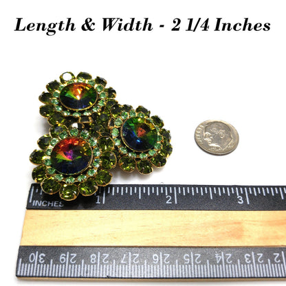 Green Watermelon Rivoli Rhinestone Brooch, Uranium Glass Rhinestones, 1960s Vintage Jewelry