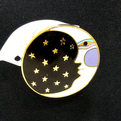 Laurel Burch "Moonface" Large Post Earrings, Cloisonné Gold Plate, Enamel Black White Purple, 1980s Vintage Jewelry