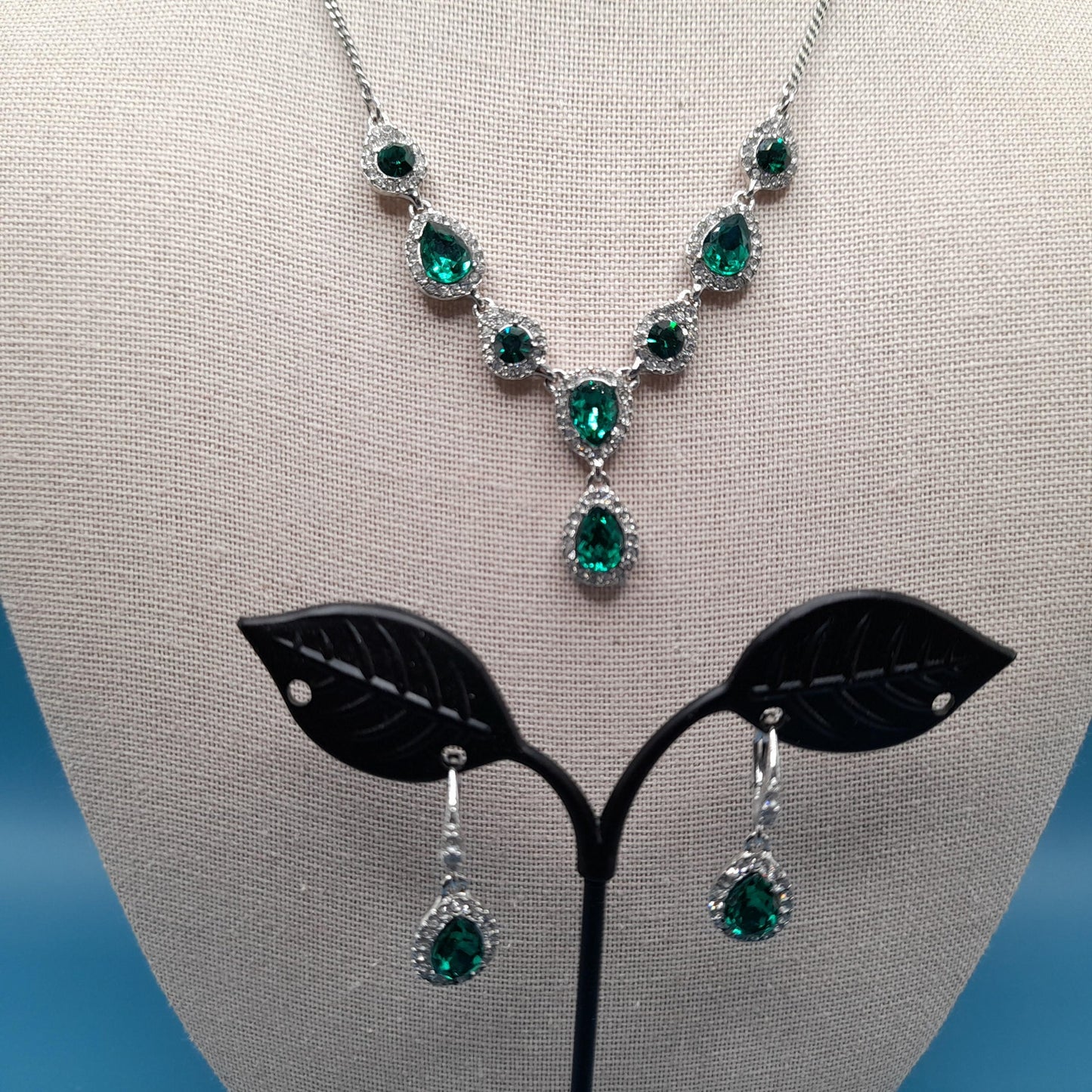 Givenchy Necklace & Earrings Set – Silver Tone Emerald Green Crystal Jewelry