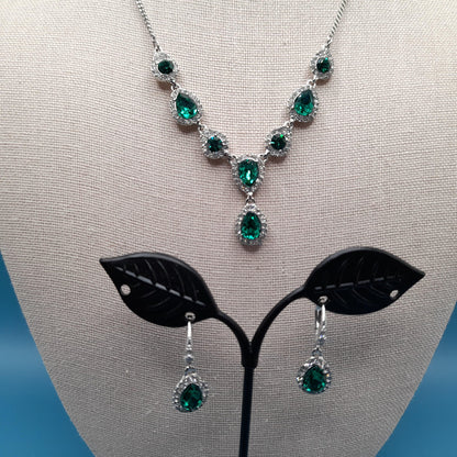 Givenchy Necklace & Earrings Set – Silver Tone Emerald Green Crystal Jewelry