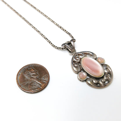 Barse Sterling Silver Pink Necklace, Large Pink Pearled Cabochon, 1990s Vintage Jewelry