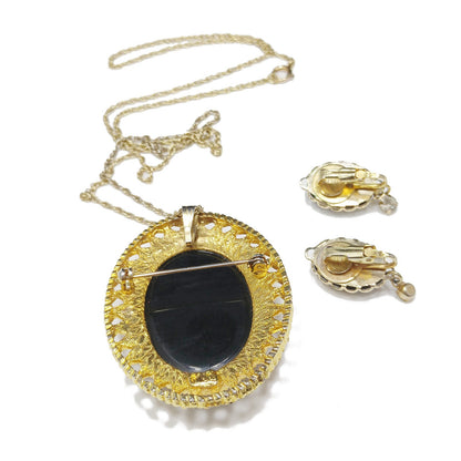 Celebrity Gold Rose Black Glass Brooch & Pendant, Matching Clip Earrings, 1970s Vintage Jewelry