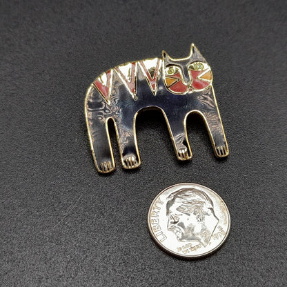 Laurel Burch Magicat Brooch, Black Red Enamel Cloisonne, Gold Plated, 1980s Vintage Jewelry