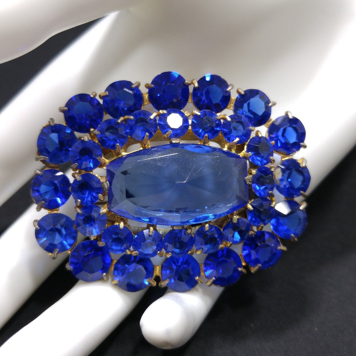 Cobalt Blue Glass Rhinestone Brooch, Large Center Blue Stone, 1940s Vintage Jewelry