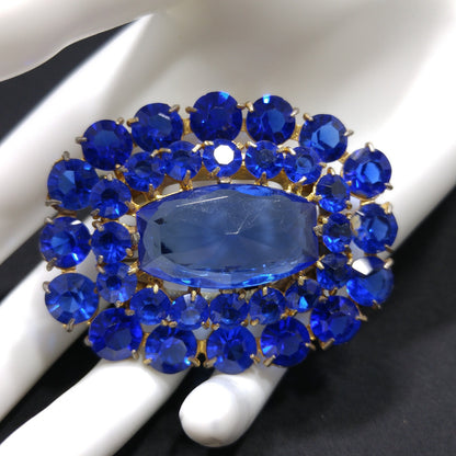 Cobalt Blue Glass Rhinestone Brooch, Large Center Blue Stone, 1940s Vintage Jewelry