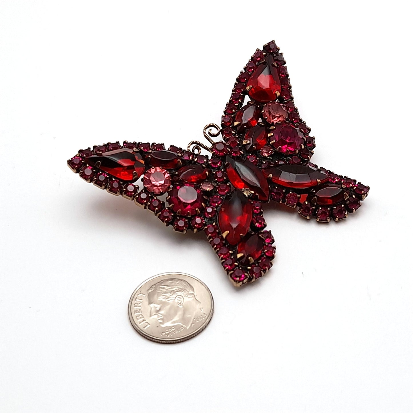 Vintage WEISS Red Pink Rhinestone Butterfly Brooch