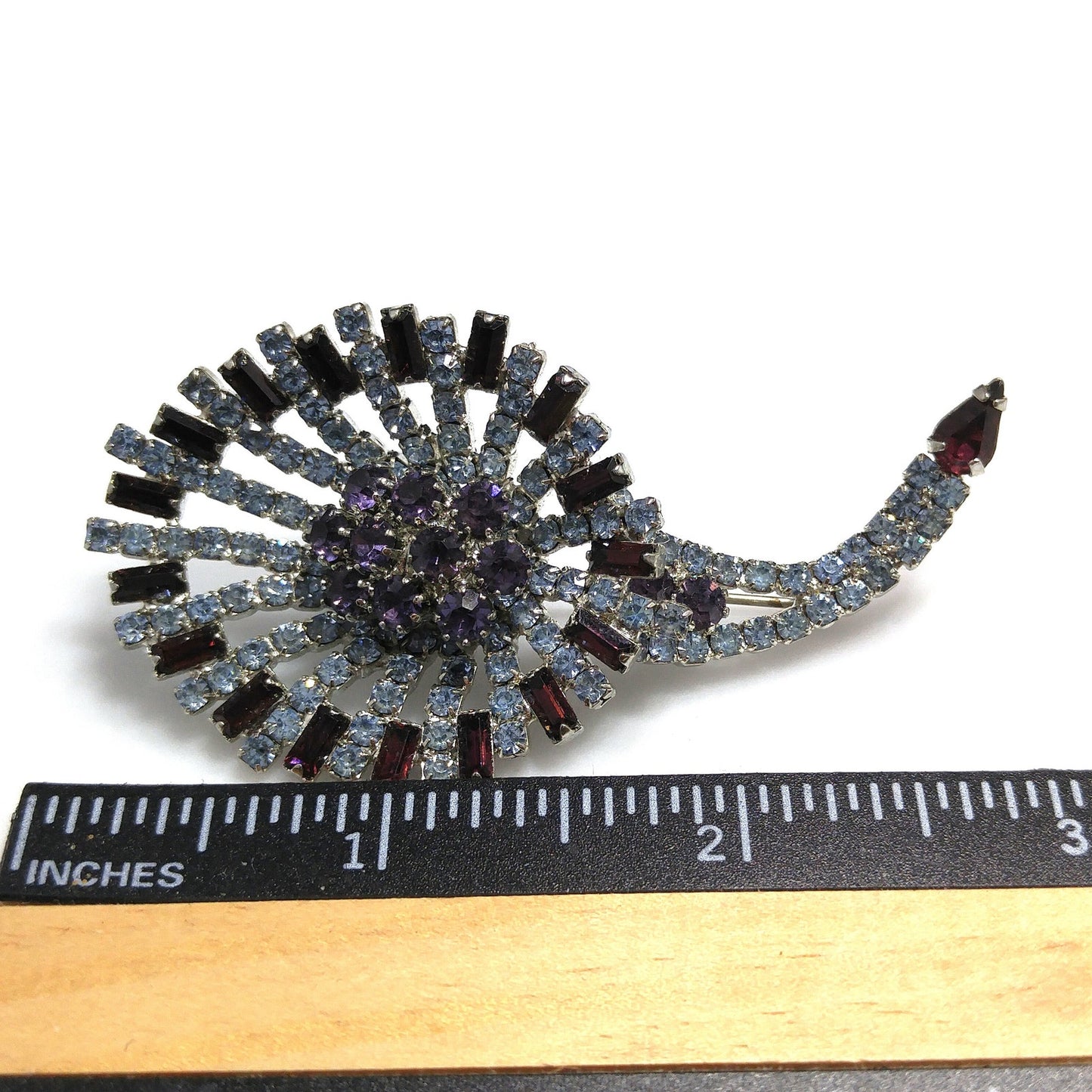 Hobe Purple Light Blue Rhinestone Lily Floral Brooch, Rhodium Plated, 1960s Vintage Jewelry