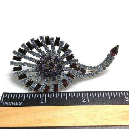Hobe Purple Light Blue Rhinestone Lily Floral Brooch, Rhodium Plated, 1960s Vintage Jewelry