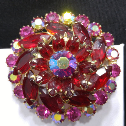 Red & Pink Rhinestone Brooch, Gold Plated, 1960s Vintage Jewelry