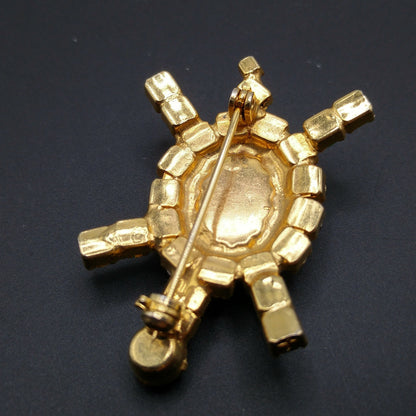 Vintage Turtle Brooch, Green Blue Aurora Borealis Rhinestones, Gold Plated, 1960s Vintage Jewelry