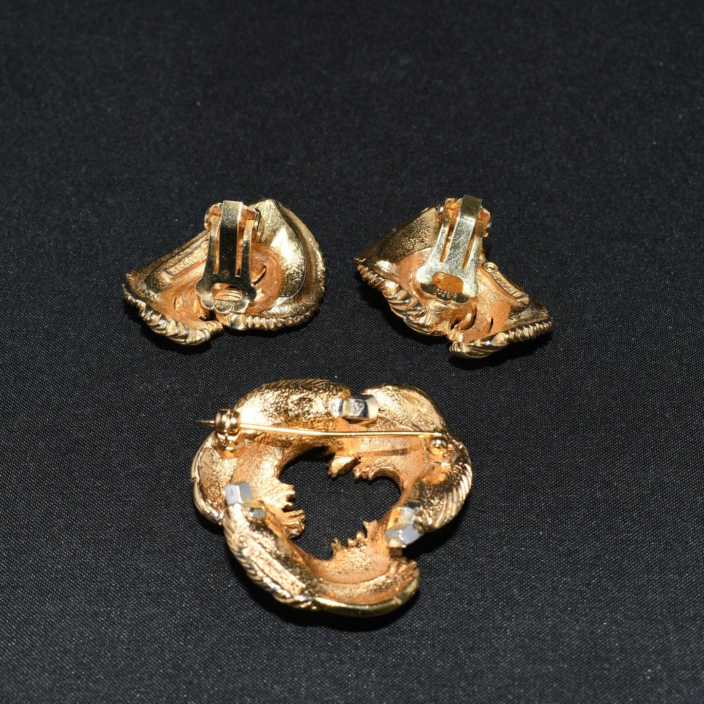 Boucher #6649 Rhinestone Brooch Earrings Set, Clear Rhinestones, Gold Plated, 1950s Vintage Jewelry