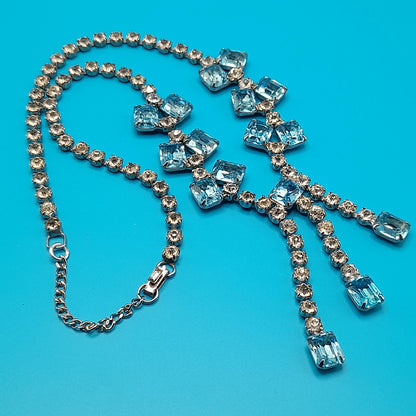 Weiss Blue Clear Rhinestone Necklace, Tassel Pendant, Signed Weissco, 1940s Vintage Jewelry
