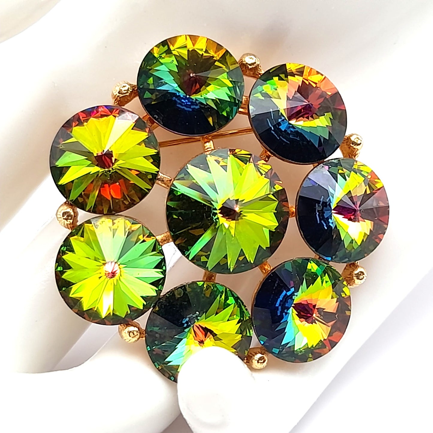 Vintage Weiss Green Watermelon Rivoli Rhinestone Brooch
