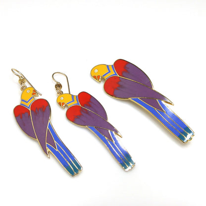 Laurel Burch Cezanne Parrot Earrings & Brooch Set, 22 KG Plated Cloisonné Enamel, 1980s Vintage Jewelry