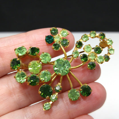 Vintage 1950s Austrian Green Rhinestone & Uranium Glass Brooch – Floral Design