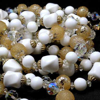 Vendome Long Beaded Crystal & Glass Necklace, Aurora Borealis, Gold Plated, 1960s Vintage Jewelry