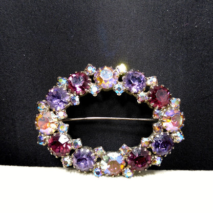 Oval Purple Aurora Borealis Lavender Rhinestone Brooch, Dog-toothed Prong Set, 1960s Vintage Jewelry