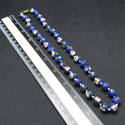 Cloisonne Blue Beaded Necklace, Floral Hand Painted Beads, 1960s Vintage Jewelry