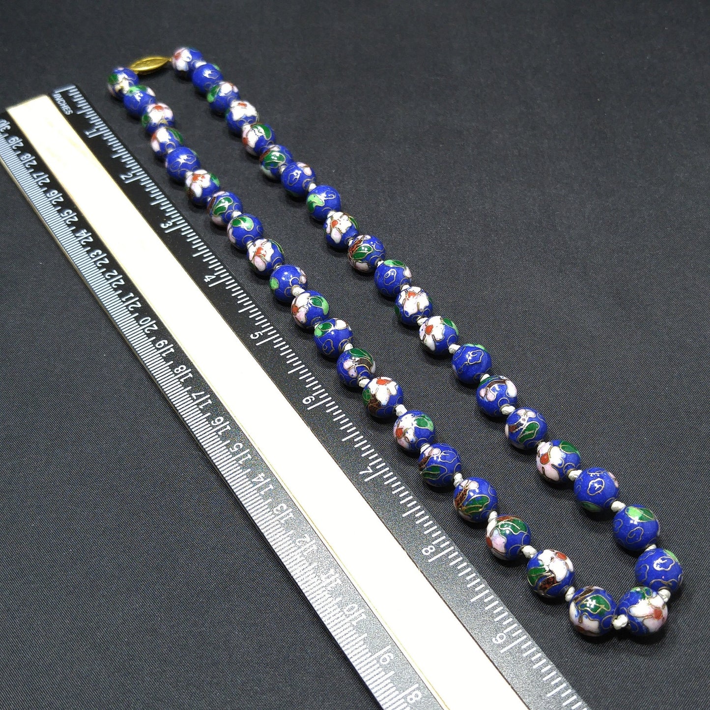 Vintage 1960s Chinese Cloisonné Blue Floral Bead Necklace 20" Hand Knotted
