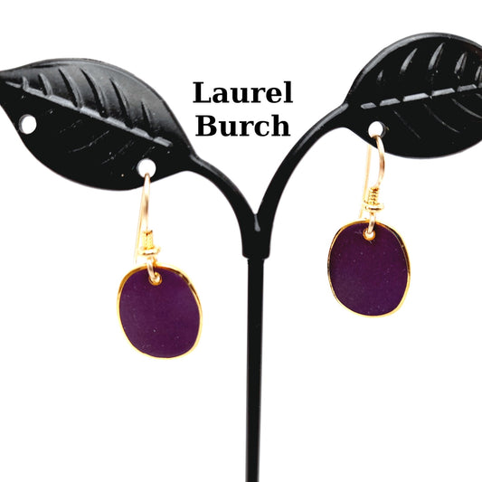 Laurel Burch Purple Enamel Earrings, Vintage Gold Plated Drop Earrings, 1980s Artistic Designer Jewelry