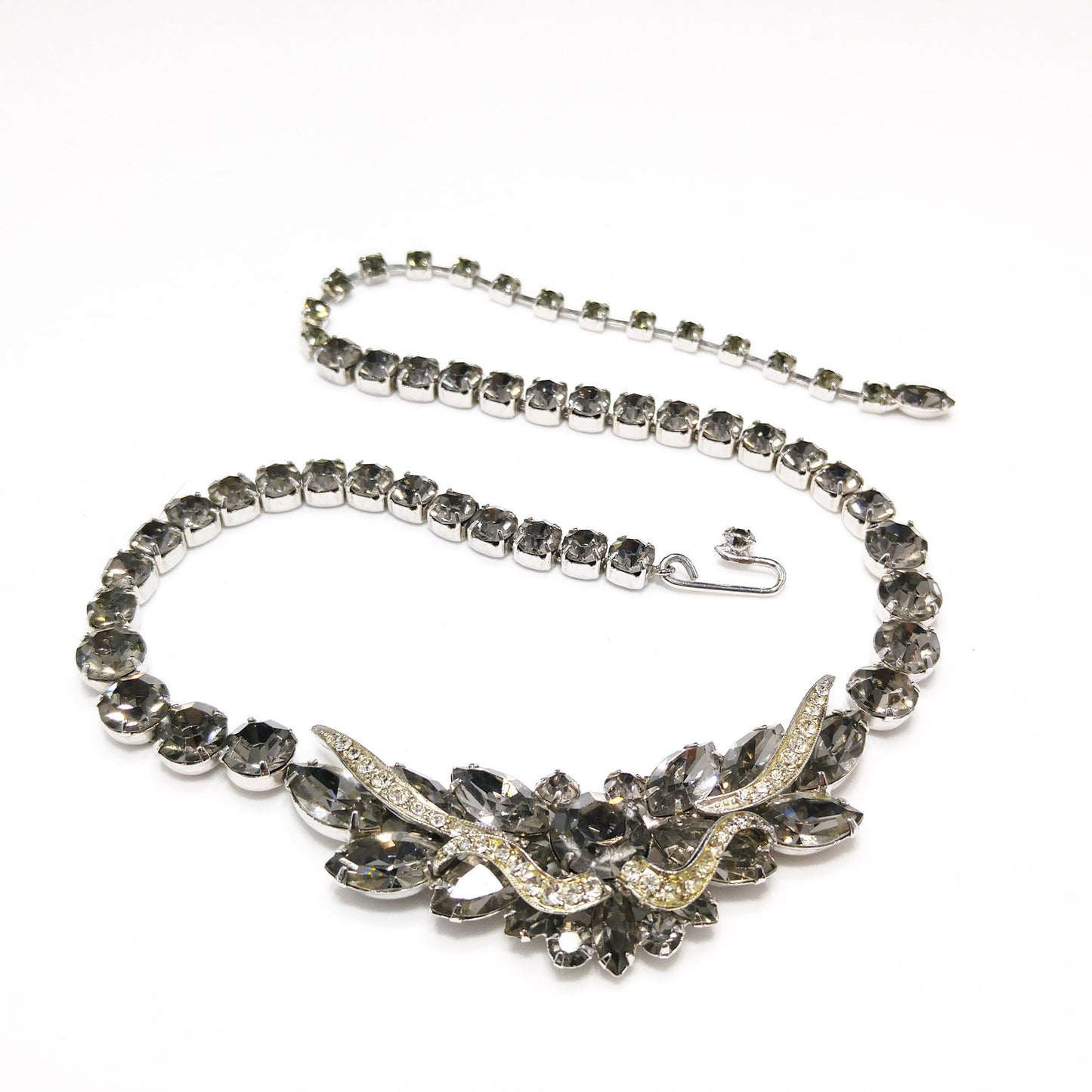 Vintage Weiss Black Diamond Rhinestone Necklace, Rhodium Plated, 1960s