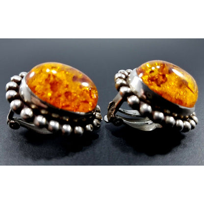 Stephen Dweck Amber Oval Clip Earrings, Sterling Silver, Vintage Jewelry