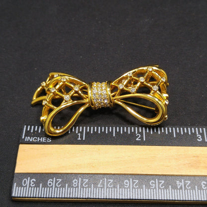 Swarovski Gold Bow Brooch, Clear Rhinestones, Vintage 1980s Jewelry