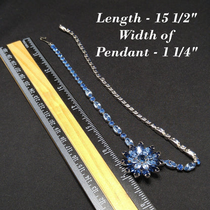 Kramer of New York Blue Rhinestone Floral Pendant Choker Necklace, 1950s Vintage Jewelry