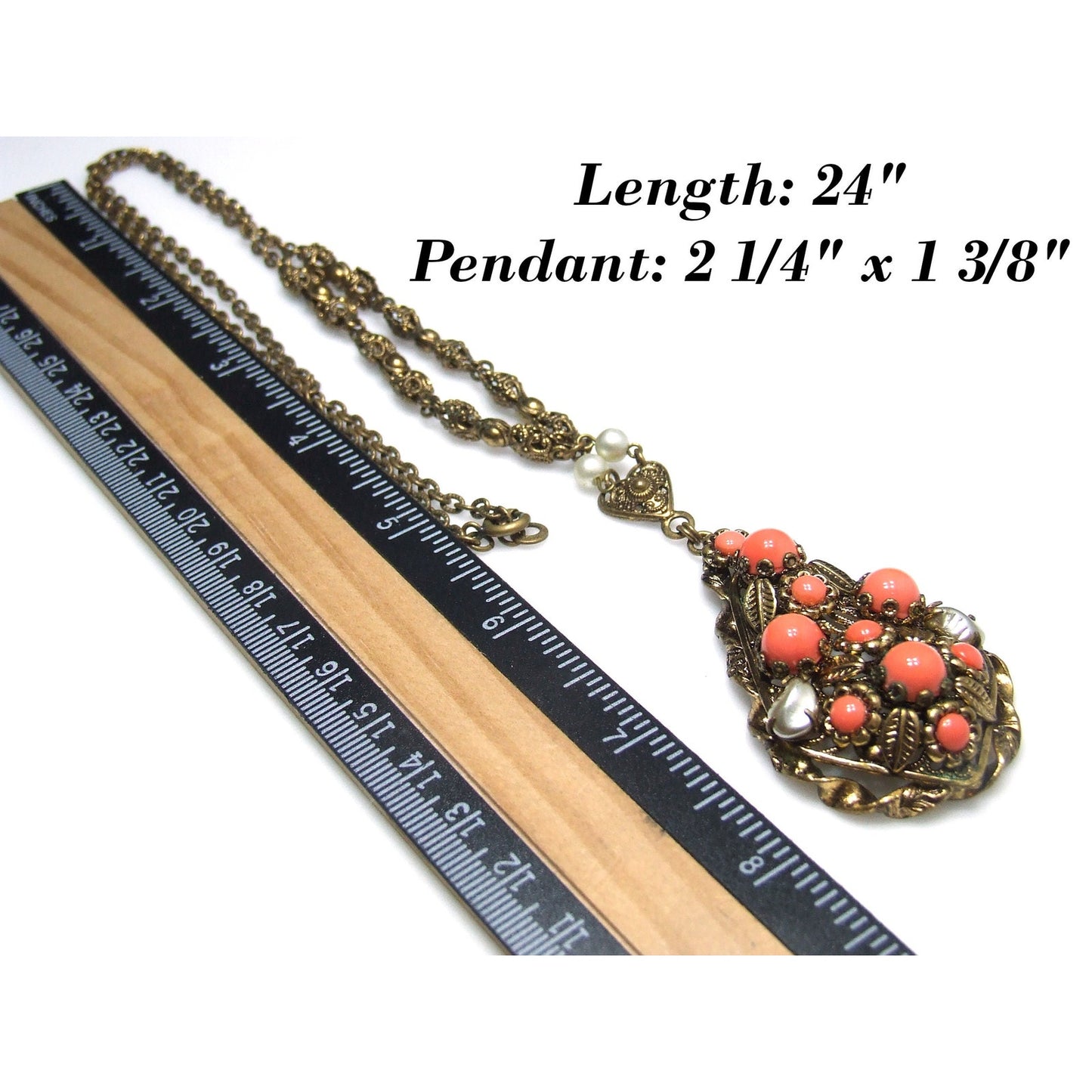 West Germany Orange Cabochon Glass Rhinestone Necklace, Faux Pearls, 1950s Vintage Jewelry