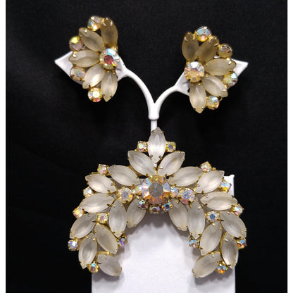 Frosty Rhinestone Brooch & Clip Earrings, Aurora Borealis, Gold Plated, 1960s Vintage Jewelry