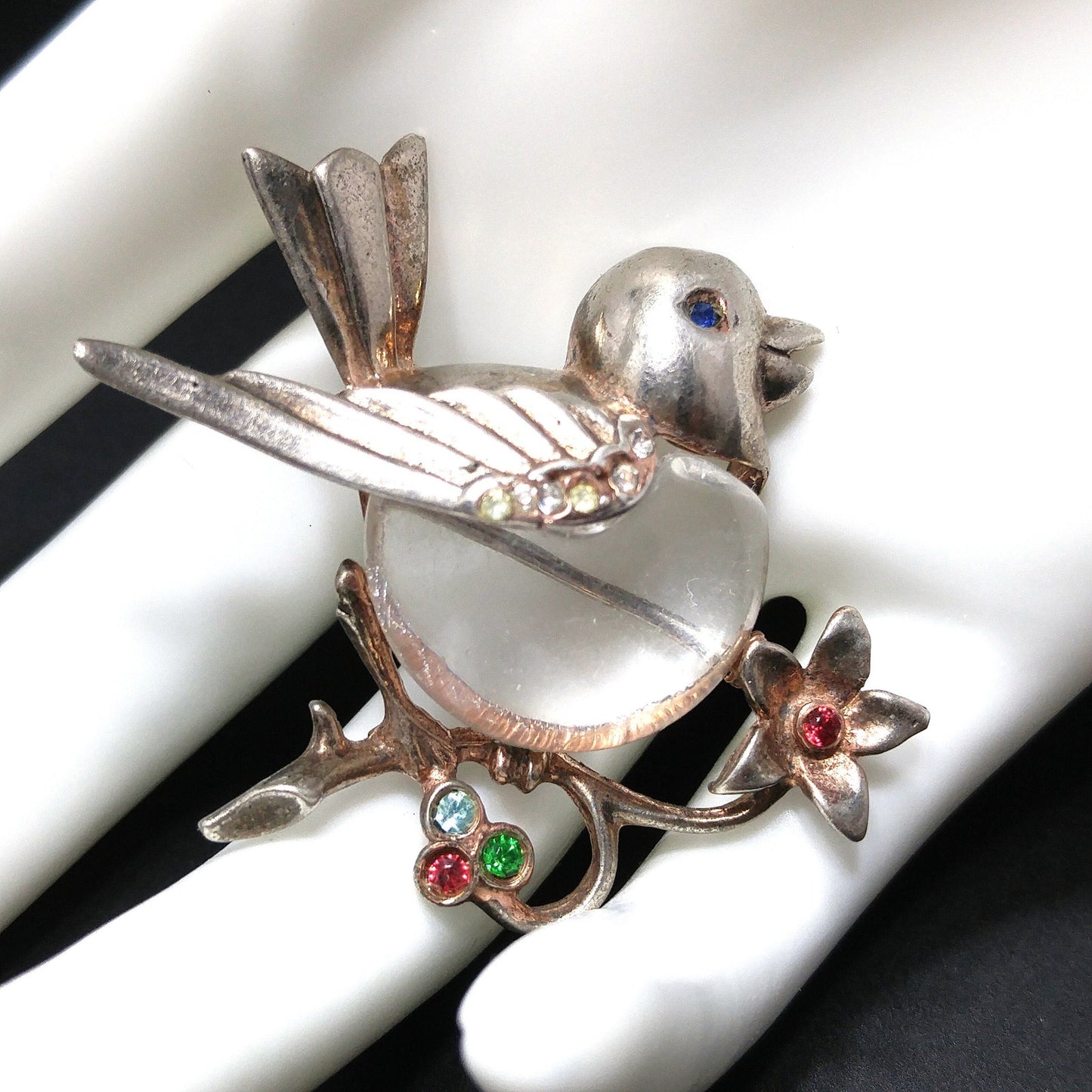 Sterling Silver Clear Lucite Bird Brooch, Jelly Belly Pin, 1940s Vintage Jewelry