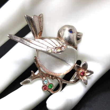 Sterling Silver Clear Lucite Bird Brooch, Jelly Belly Pin, 1940s Vintage Jewelry