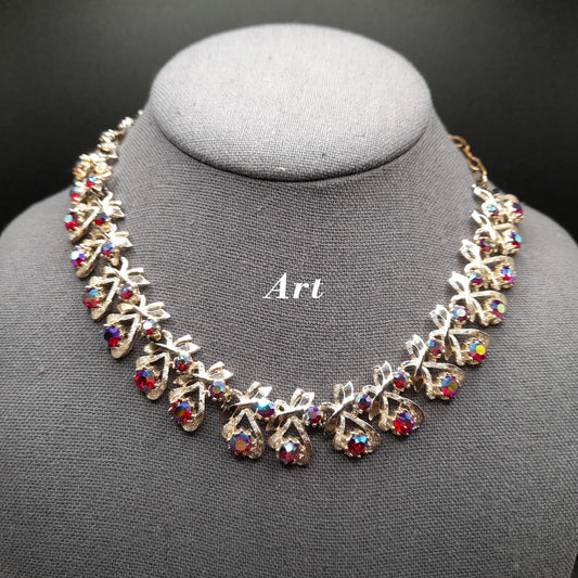 Red AB Rhinestone Choker Necklace, Arthur Pepper, Signed Art, 1960s Vintage Jewelry