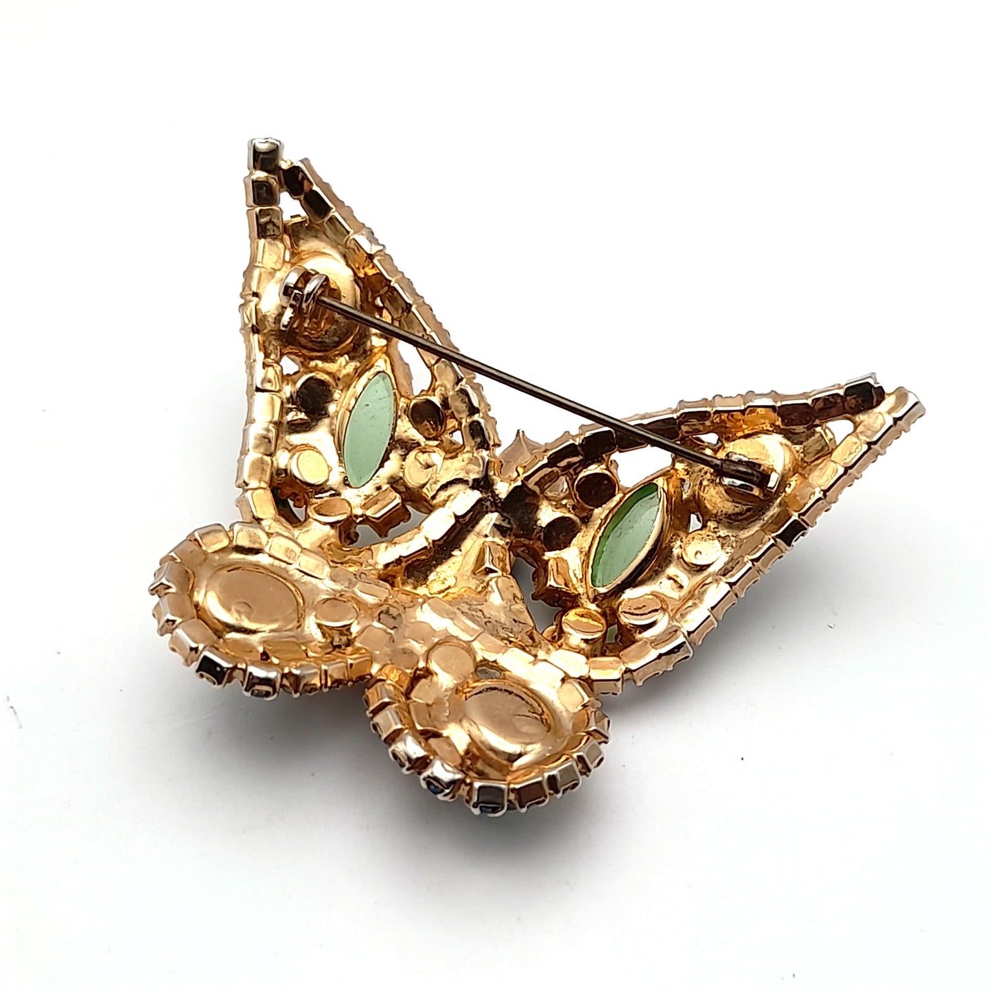 Vintage Butterfly Rhinestone Brooch – Sapphire Blue, Green & Art Glass Cabochon, Gold Tone Statement Jewelry