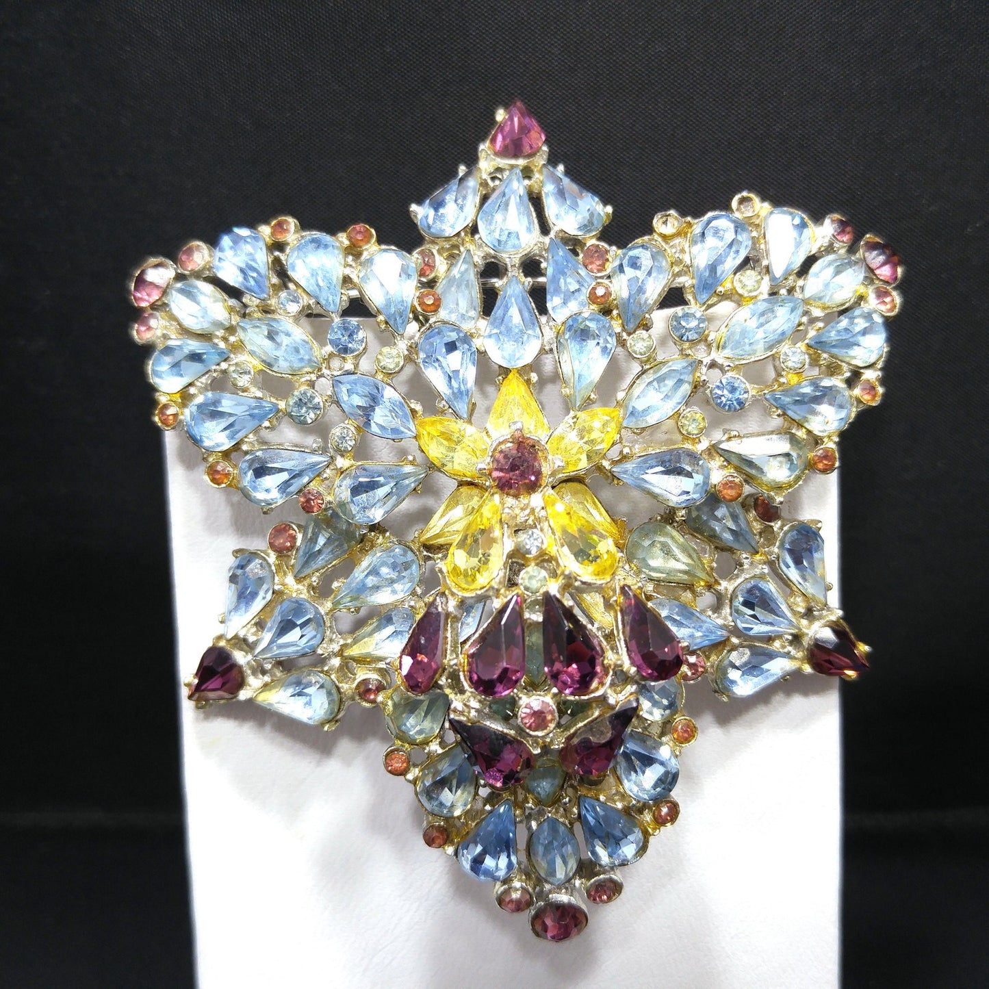 Mid Century Large Rhinestone Orchid Brooch, Light Blue Purple Rhinestones, 1960s Vintage Jewelry