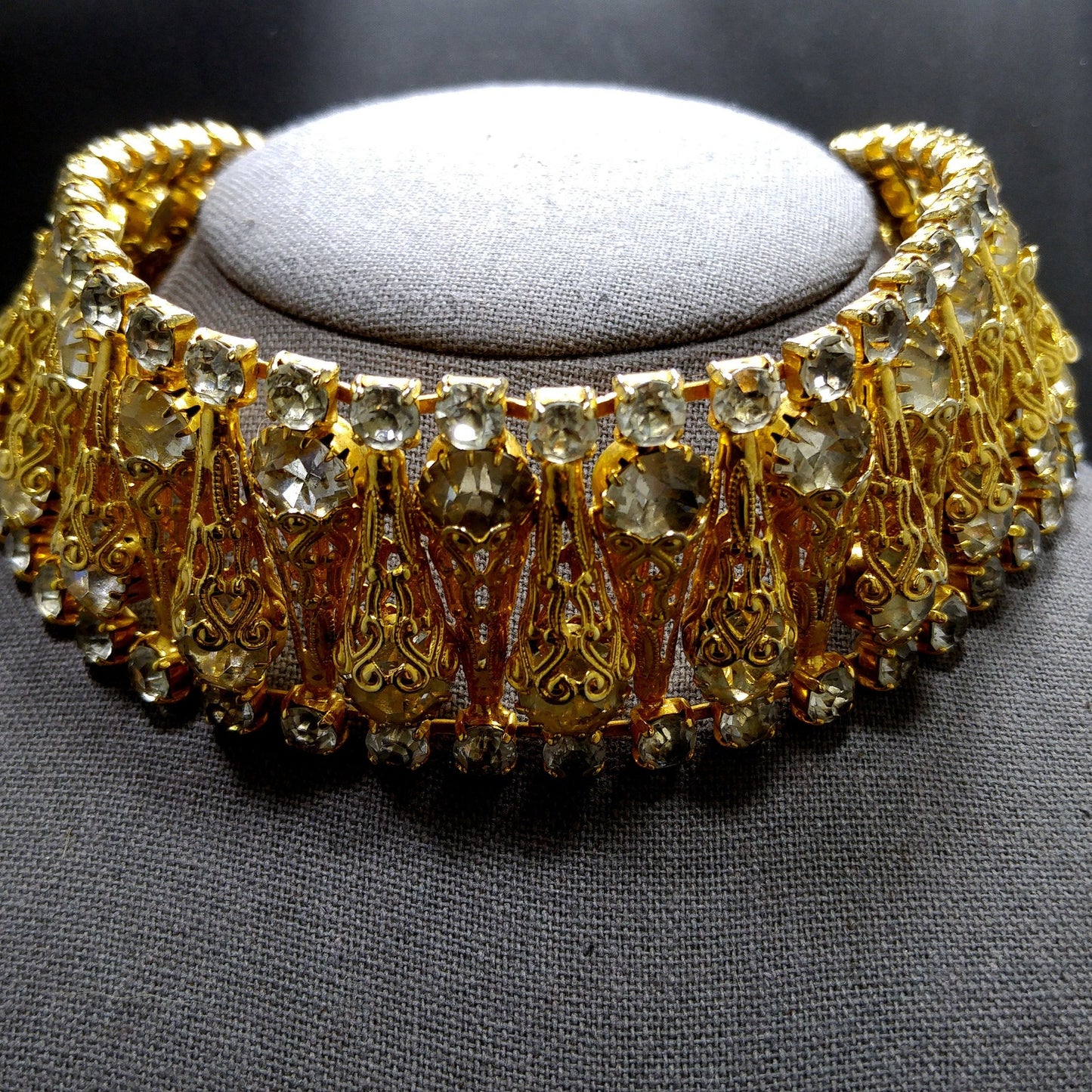 Vintage Gray Rhinestone Gold Filigree Cone Choker Necklace 1950s