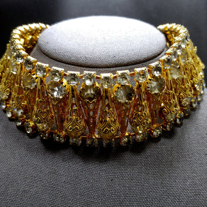 Vintage Gray Rhinestone Gold Filigree Cone Choker Necklace 1950s