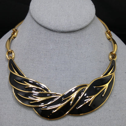 Monet Black Enamel Leaves Choker Necklace, Gold Plated, 1980s Vintage Jewelry